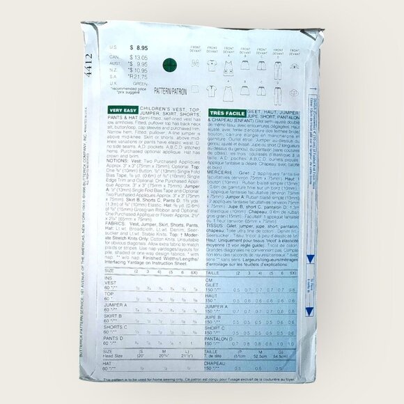 Vintage 1990s Butterick Sewing Pattern 4412 Vest Top Jumper Skirt Shorts Sz 5-6X - Picture 2 of 2